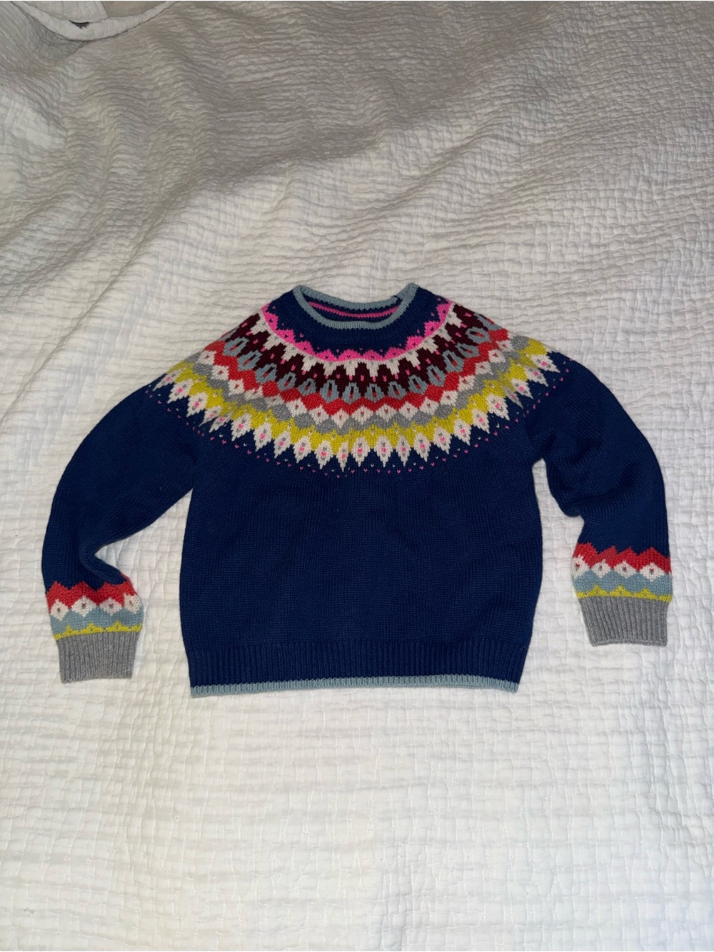Mini Boden Navy Fair Isle Yoke Sweater with Pink, Yellow, Red and Gray Accents